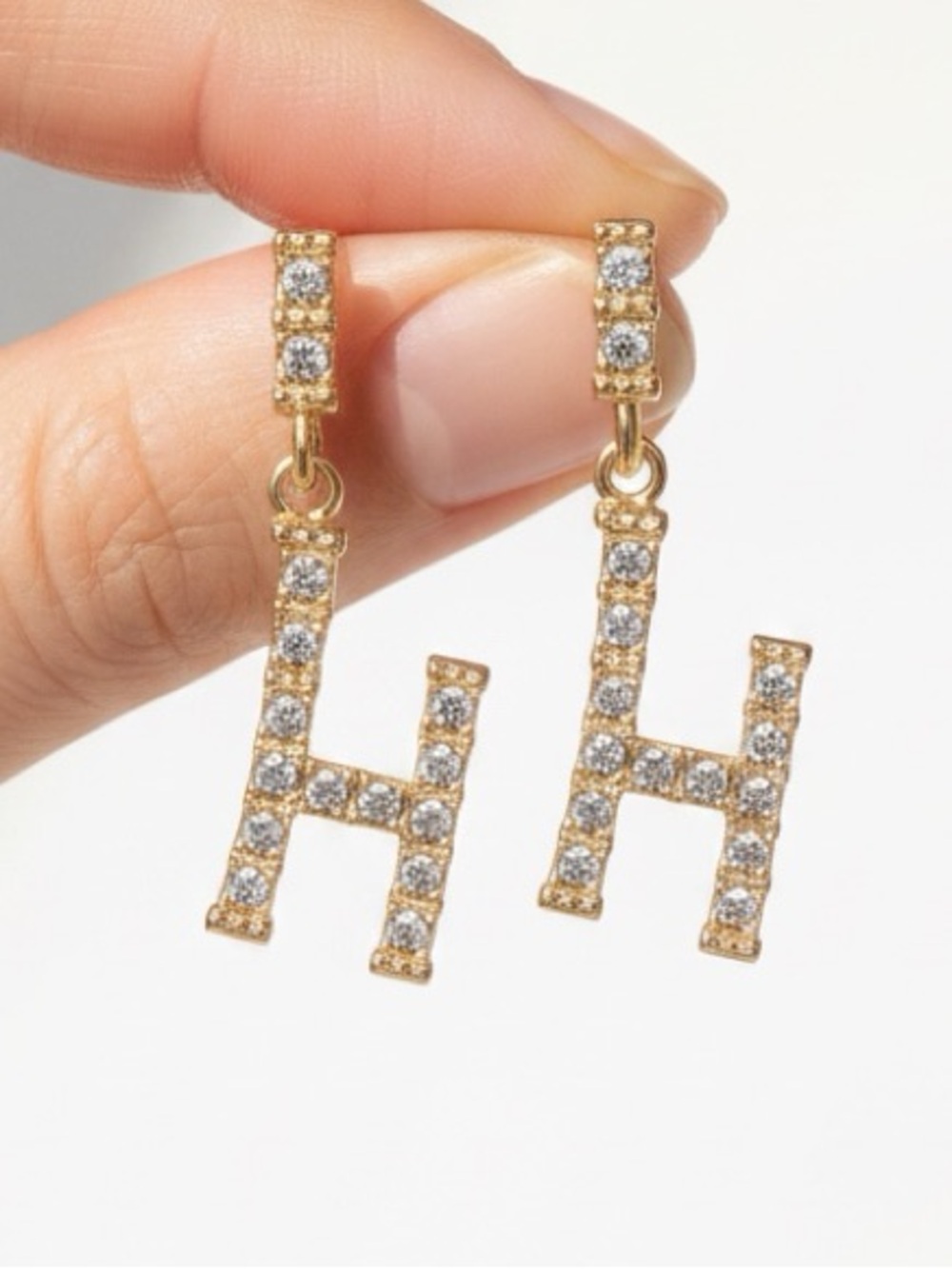 Fashion Jewelry Gold 'H' Drop Earrings with Clear Crystals